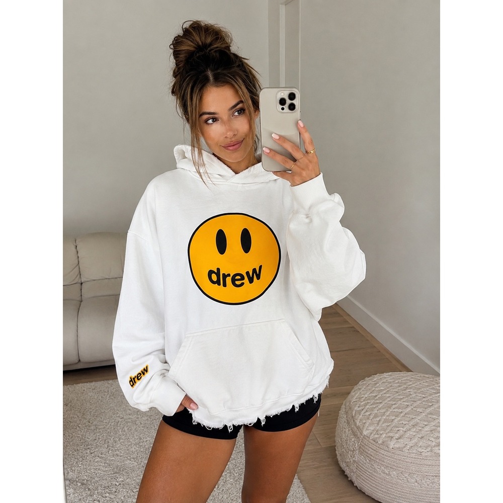Drew House Mascot Deconstructed Hoodie White Yellow Smiley Face Logo frayed M